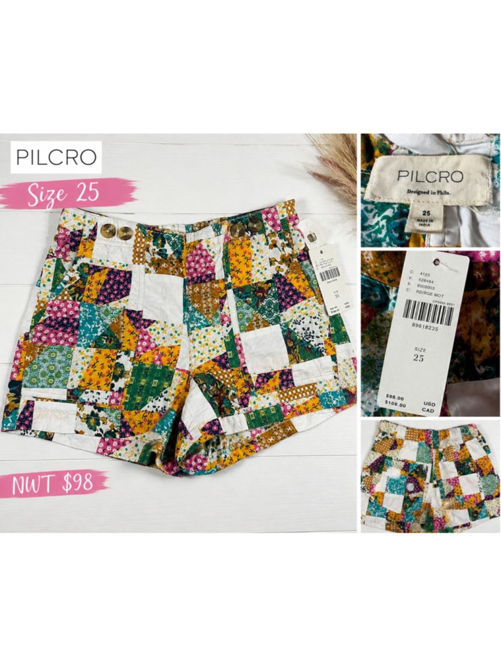 Pilcro Patchwork Floral High Rise Shorts Size 25 NWT $98